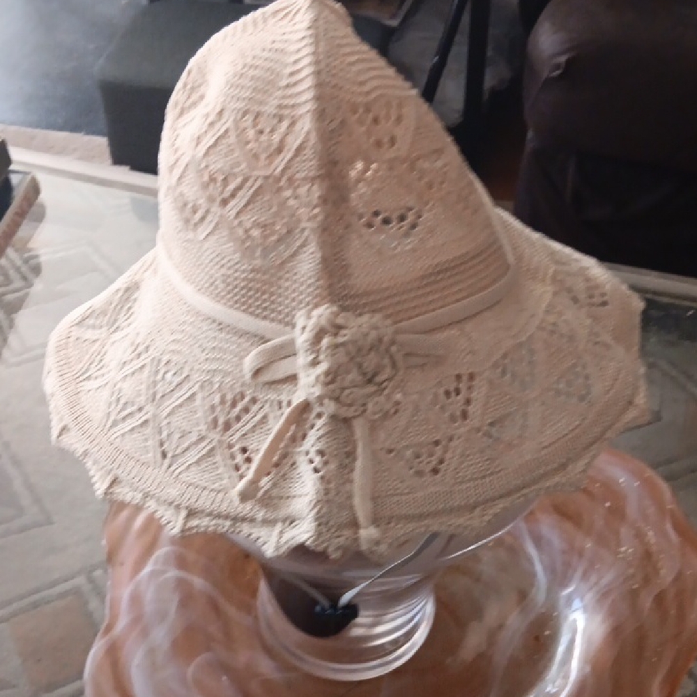 Cream Wide Brim Laser Cut Crochet Look Hat